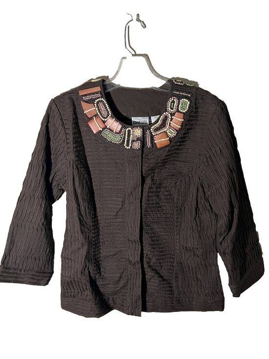 Chico's Jackets & Blazers - Chico's Womens Jacket size 0 Small Textured beaded wood Brown embellished neck